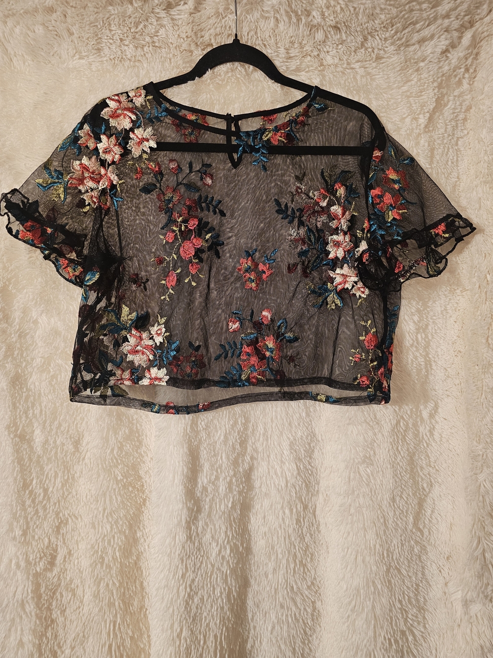 SHEIN Black Sheer Floral Embroidered Crop Top